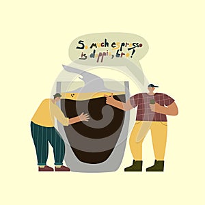 Two guys next to each other with a big glass of espresso. Friends talking about coffee. Conceptual illustration with photo