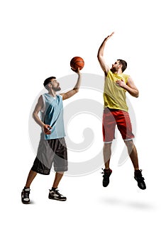 Two guys playing basketball
