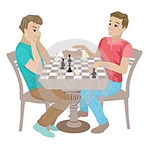 Two guys are playing chess. Losing the game. Vector isolated illustration on white background.