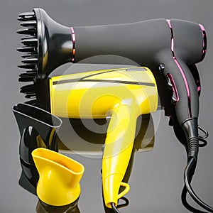 Two hair dryers with accessory on the grey mirror background