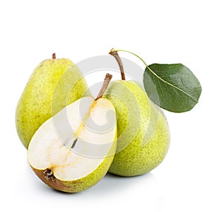 Two and a half green pears over white background