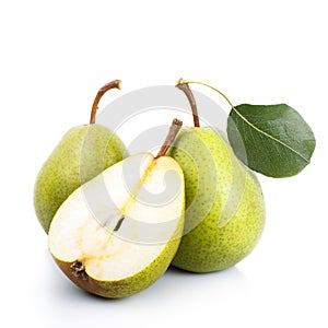 Two and a half green pears over white background