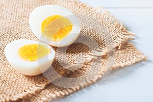 Two half of hard boiled egg on table, Healthy food, Nutrition co photo