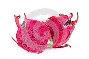 Two half red dragonfruit isolated on white