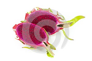 Two half sliced dragon fruit on white background, red pitaya isolated