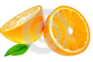 Two halfs orange with leaves isolated on white