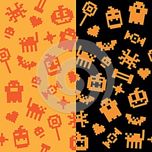 Two Halloween festive seamless retro pixel patterns in vector