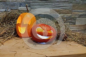 Two halloween jack o lanterns yellow and red on foreground on a hay and brick wall background. with cones on wooden board