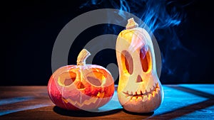 Two Halloween pumpkins in the moonlight