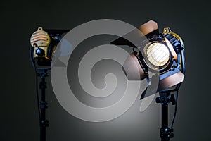 Two halogen spotlights with Fresnel lenses. Shooting in the Studio or in the interior. TV, movies, photos