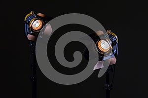 Two halogen spotlights with Fresnel lenses. Shooting in the Studio or in the interior. TV, movies, photos