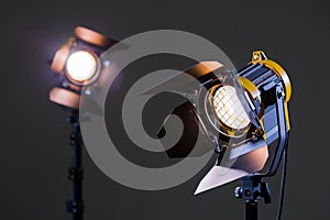 Two halogen spotlights with Fresnel lenses. Shooting in the Studio or in the interior. TV, movies, photos