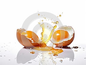 Two halves of broken egg with yolk splash
