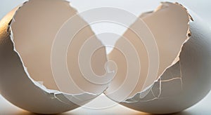 Two halves of a broken eggshell are displayed against a neutral background. The shells are white