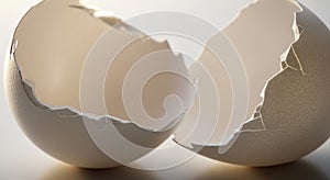 Two halves of a broken eggshell are displayed against a neutral background. The shells are white