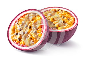 Two halves of fresh passion fruit on white background