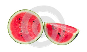 Two halves of fresh ripe red watermelon isolated on white background with clipping path, Concept of healthy organic fruit eating