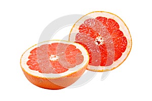 Two halves of grapefruit on white background