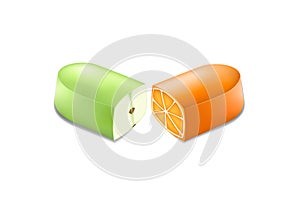 Two halves of a pill with an orange and apple in a cut, horizontal vector illustration isolated on a white background