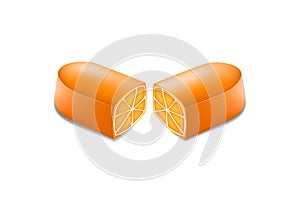 Two halves of a pill with an orange in a cut, vitamin c concept, horizontal vector illustration  on a white background