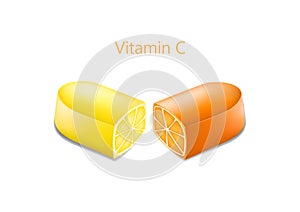 Two halves of a pill with an orange and lemon in a cut, vitamin c concept, horizontal vector illustration  on a white