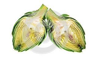 two halves of ripe green artichokes on a white background