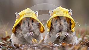 Two hamsters wearing yellow hoods and holding a ball, AI