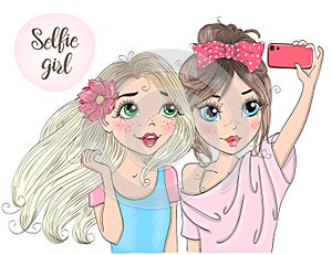 Two hand drawn beautiful cute selfie girls with smart phone. Vector illustration.