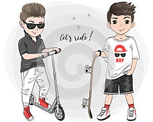 Two hand drawn cute boys with kick scooter and skateboard.