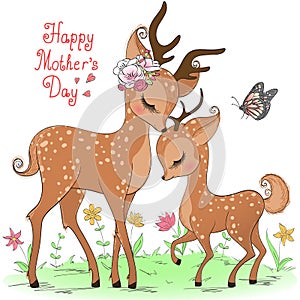 Two hand drawn cute deer girls. Happy Mothers Day.