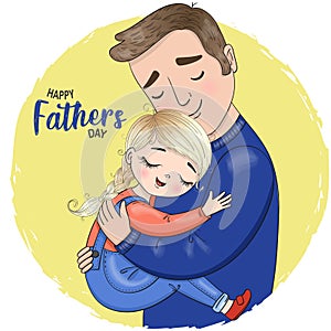 Two hand drawn cute father and daughter girls. Happy Fathers Day.