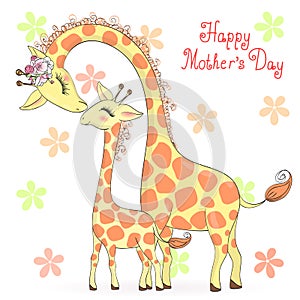 Two hand drawn cute giraffe girls. Happy Mothers Day.