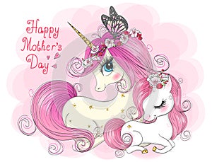 Two hand drawn cute mom and daughter unicorns girls. Happy Mothers Day.