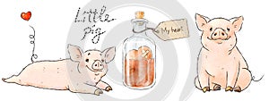 Two hand drawn pigs. Cute funny piglets and love potion isolated on white background. Romantic Collection Illustration.