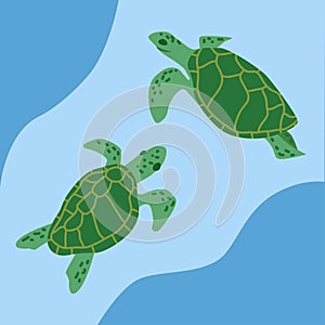 Two hand drawn sea turtles on abstract blue waves background. Save wild ocean life poster, protect turtles from extinction. Kids