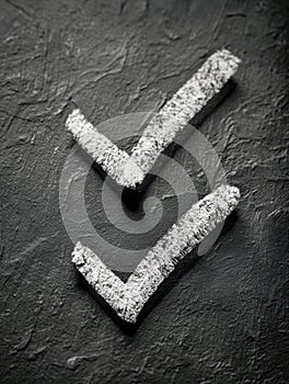 Two hand-drawn white chalk check marks on rough black textured surface symbolizing tasks completed or approval signs in concept of