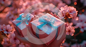 two hand holding a pink present with blue ribbon