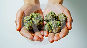 Two hand holds cannabis in studio, white background