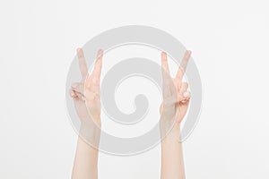 Two Hand showing the sign of victory or peace closeup isolated on white background.Front view. Mock up. Copy space. Template. Blan