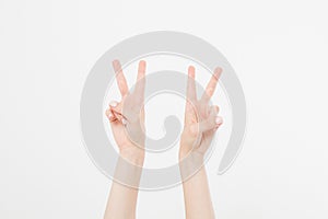 Two Hand showing the sign of victory or peace closeup isolated on white background.Front view. Mock up. Copy space. Template. Blan