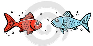 Two handdrawn fishes in doodle cartoon style.