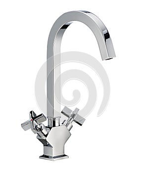 Two handles kitchen mixer metal faucet, modern design. Long spout