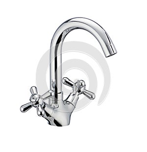 Two handles kitchen mixer metal faucet, modern design. Long spout