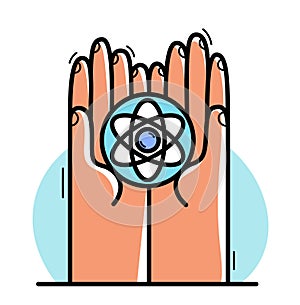 Two hands with atom icon protecting and showing care vector flat style illustration isolated on white, cherish and defense for