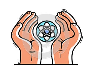 Two hands with atom icon protecting and showing care vector flat style illustration isolated on white, cherish and defense for