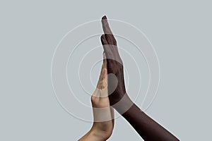 Two hands, black and white, touch with cotton. Grey  background. The concept of inter-racial friendship and respect, the