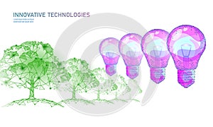 Two hands carrying light Bulb lamp saving energy ecology concept. Polygonal light blue sprout small plant seedling