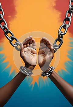 two hands are chained together with chains on a colorful background