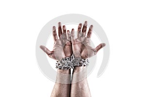 Two hands in chains isolated on white background