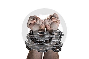 Two hands in chains isolated on white background